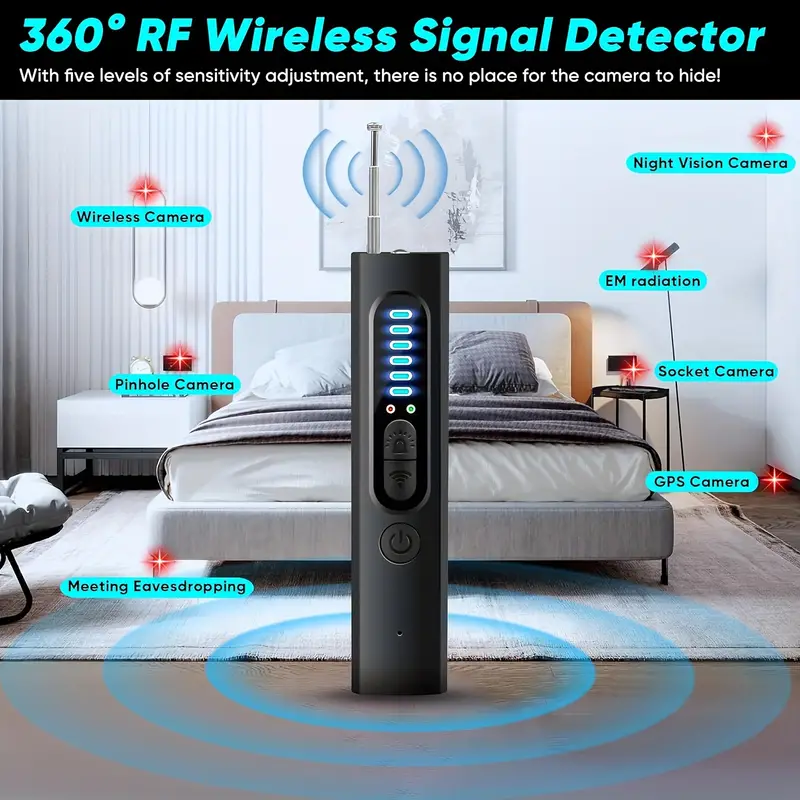 Whether at home, in a hotel, or in your car, you can detect devices like a Hidden Camera or a GPS Tracker.