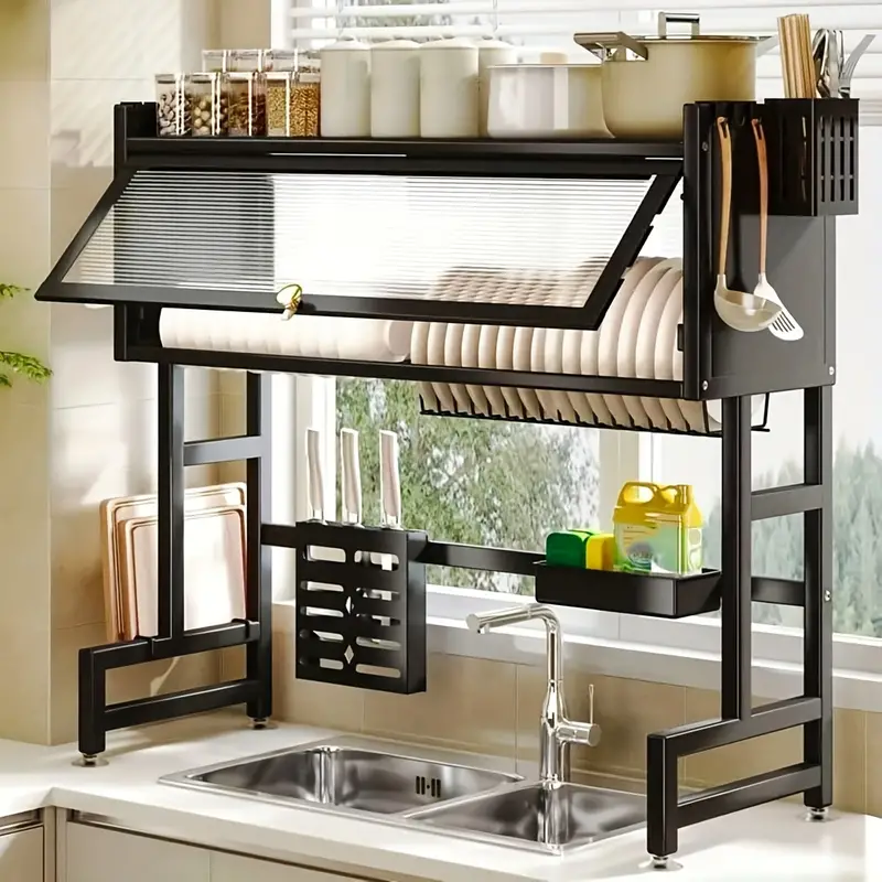 Space saving Modern Over Sink Dish Drying Rack with Cover